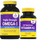 InnovixLabs Vitamina K2 & Triplo Omega Bundle Full Spectrum Vitamina K2 (90 Softgels) Triplo Força Omega-3 Óleo de peixe (200 Softgels). Suporta ossos saudáveis, artérias e articulações. *