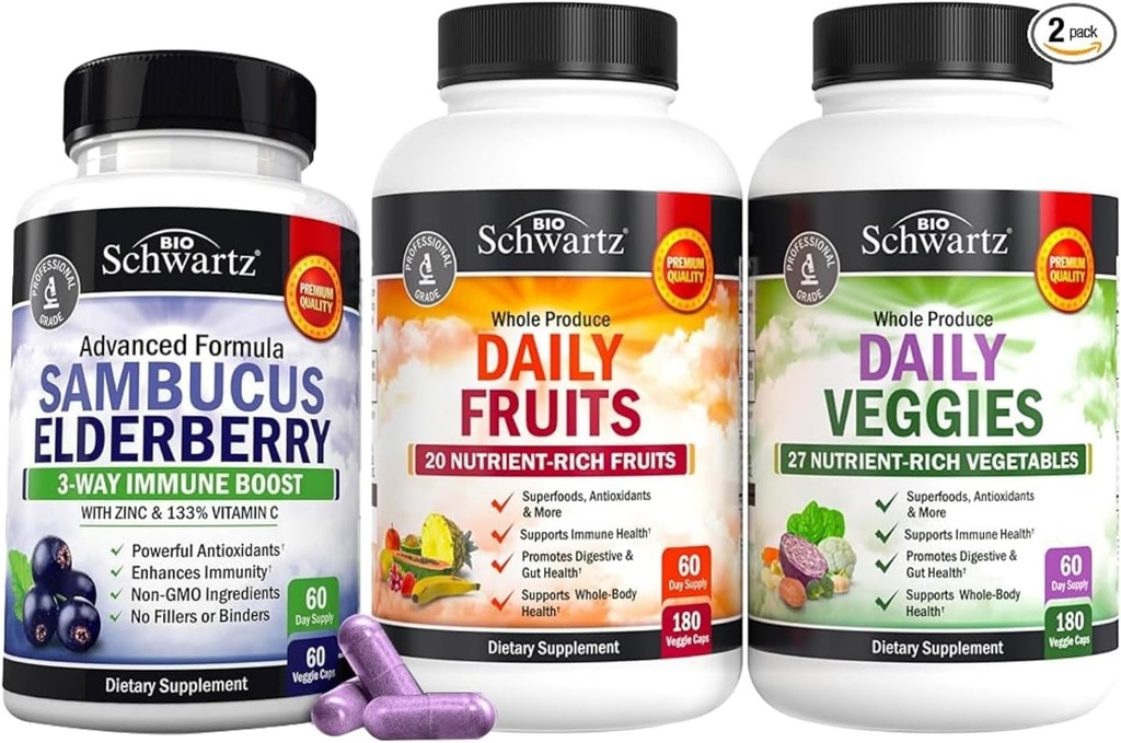BioSchwartz Suplemento diário de frutas e legumes para mulheres e homens (2 meses de fornecimento) Mais Elderberry com zinco e vitamina C para adultos Apoio imunológico (2 meses de fornecimento)