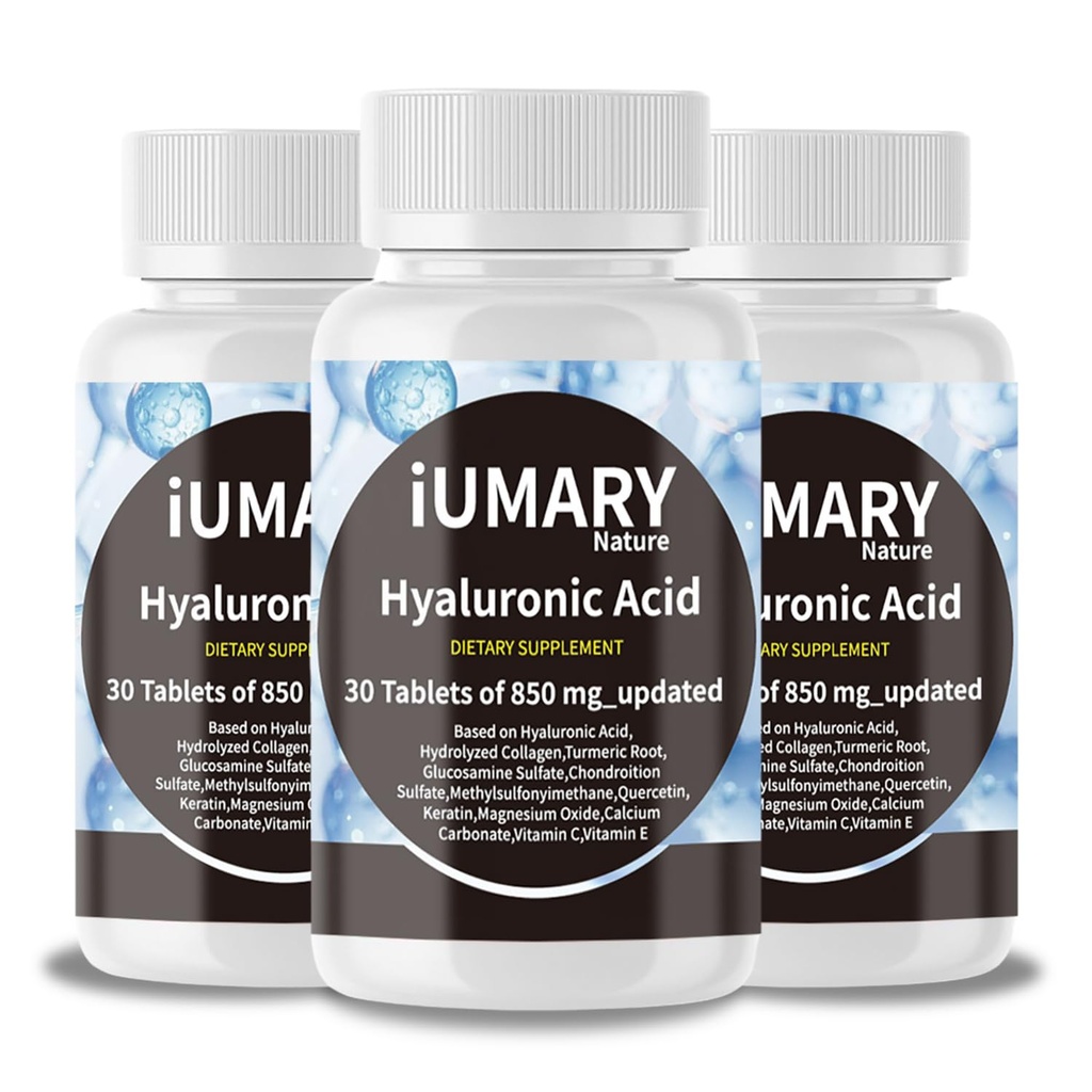 Suplementos de ácido hialurônico, 850mg de ácido hialurônico dietético de alta biodisponibilidade - Suporte conjunto avançado com Colágeno hidrolisado, Açafrão, Glu-cosamina, HSH, Vitamina C – 30 comprimidos (Pacote de 3)