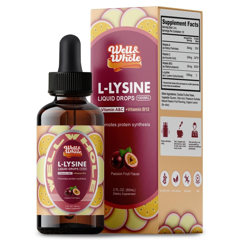 L-Lysine Supplement Liquid Drops L-Lysine 1000mg Tintura com vitamina A, C, e B12 para Adultos e Crianças Suporte Imune, Saúde da Pele & Lábios, Síntese de Colágeno, Não-GMO, Vegan, 2 Fl Oz (60 ML)