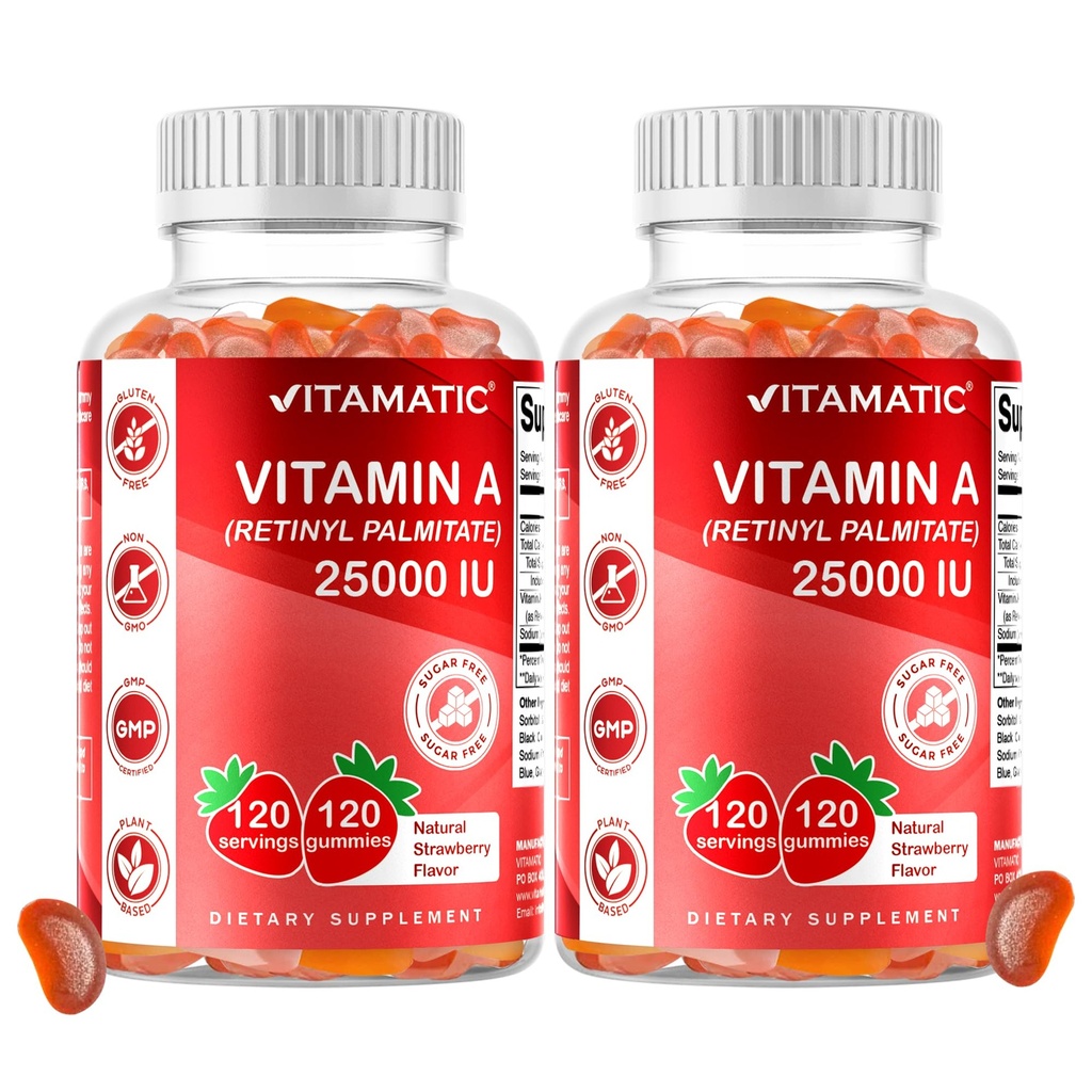 Vitamina sem açúcar Vitamina A 25000 UI Gummies (Retinil Palmitate) - Natural Morango sabor - 120 pastilhas à base de pectina (2 garrafas)