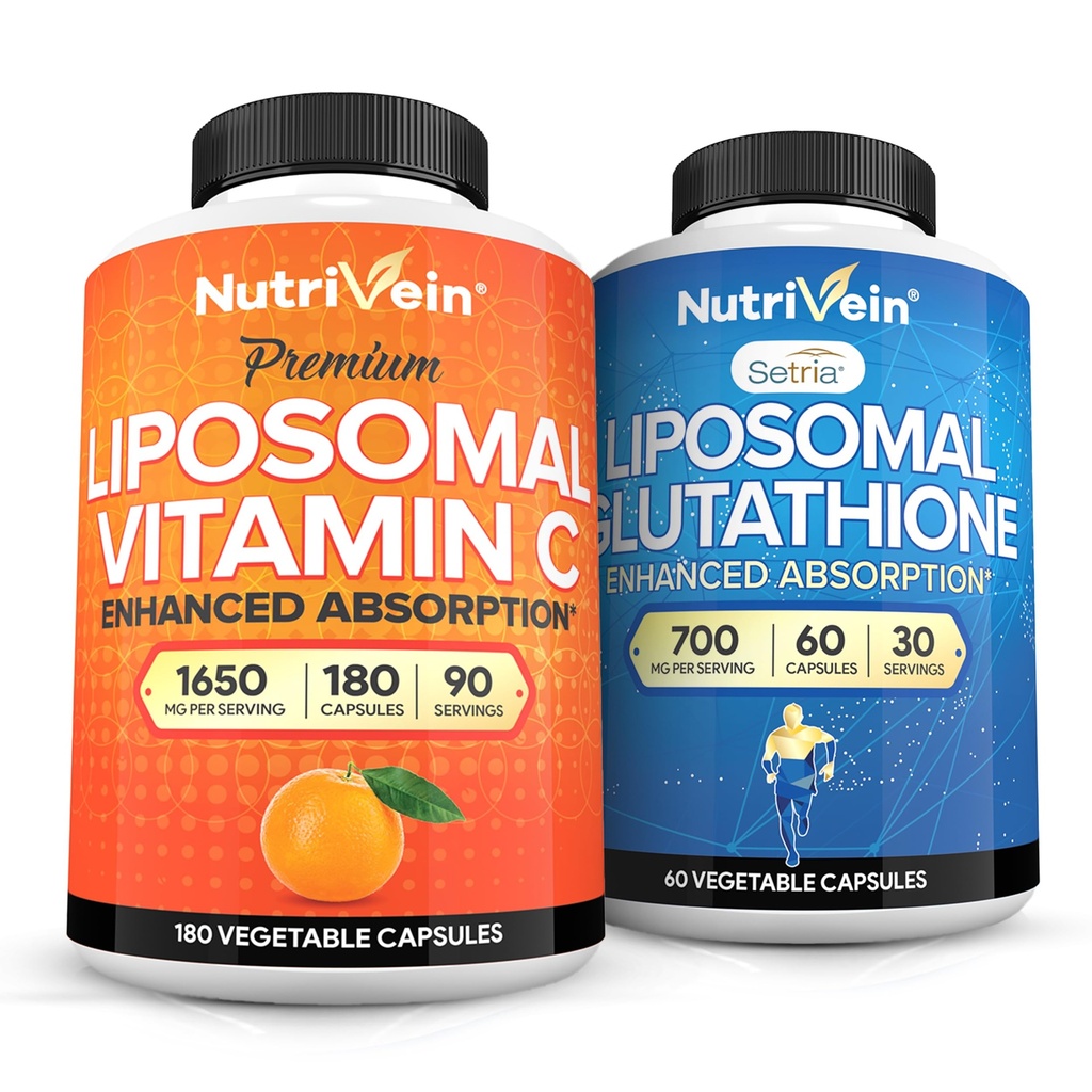 Nutrivein Premium Vitamina lipossômica C 1650mg & Pacote de Glutationa lipossómica - Alta Absorção Ácido Ascórbico Plus Master Antioxidante & Liver Cleanse - Não-GMO, Vegan / Vegan - 180 + 60 Cápsulas
