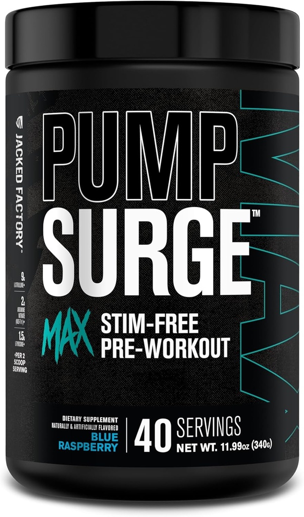 Bomba de fábrica Jacked Surge Max Stim Free Pré-treino - Cafeína de alta performance Free Pré-treino com L-Citrulina, N03-T Nitrato de Arginina e Glutationa - 40 Servings, Framboesa Azul