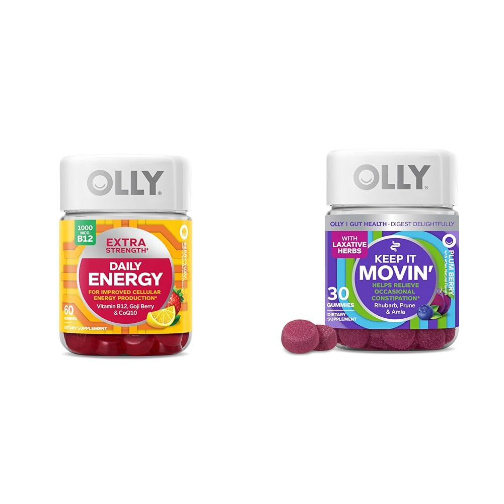 OLLY extra força energia diária Gummy com vitamina B12, CoQ10, Goji Berry, 60 contagem & mantê-lo movendo constipação alívio Gummy com ruubarbe, ameixas, Amla, 30 contagem