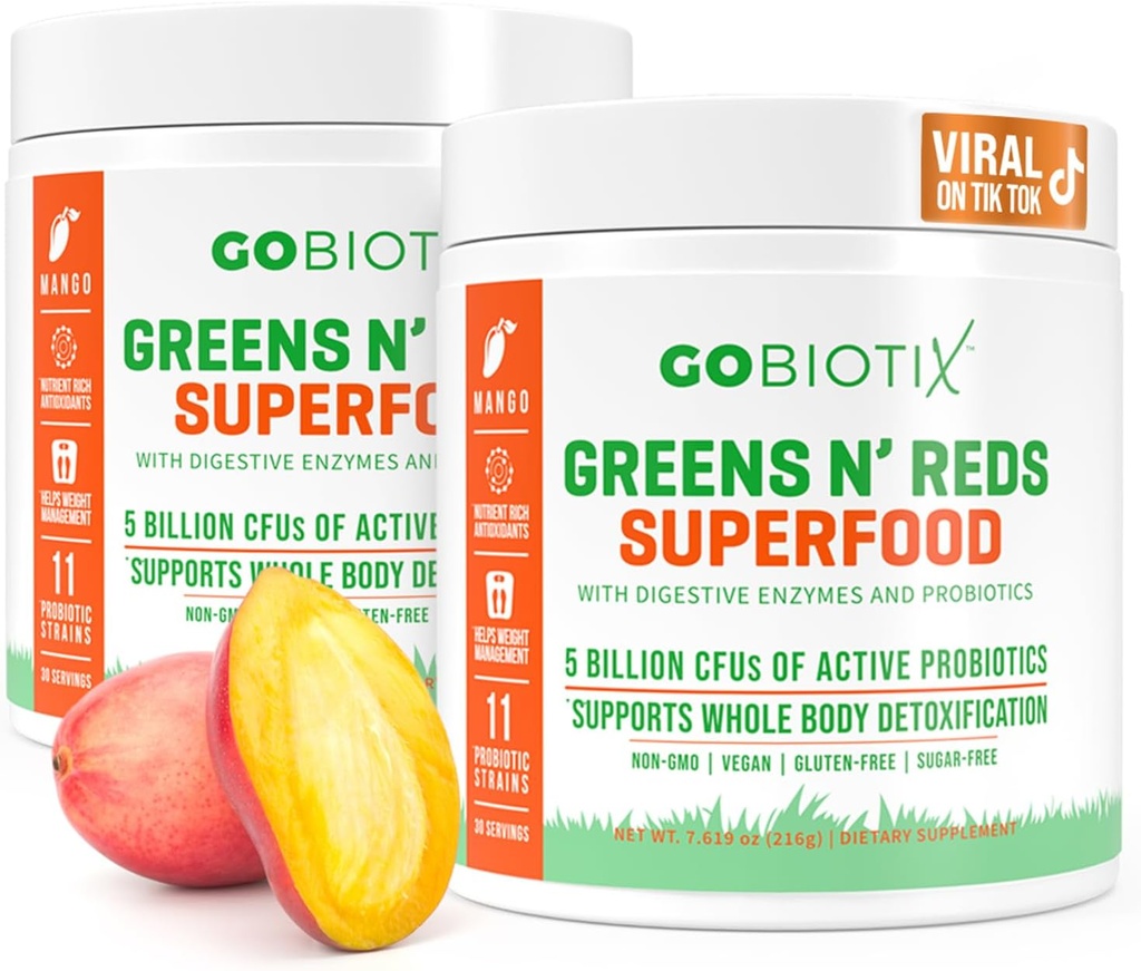 GOBIOTIX Super Verdes e Vermelhos Pó - Vermelho e Verde Superalimentos - Suplemento Probiótico - Enzimas Digestivas e Raiz de Beterraba Pó - Alimentos Orgânicos inteiros Suplemento dietético (Mango, 2 Pack)