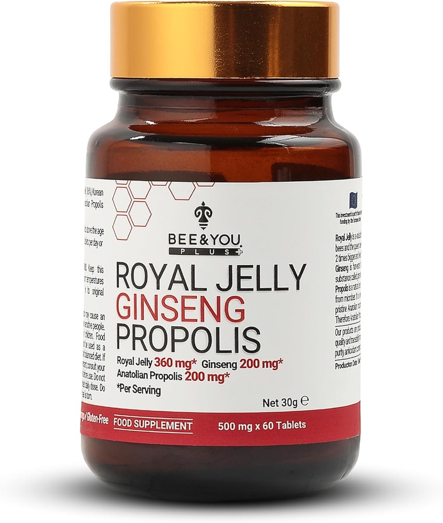 Bee and You Royal Jelly with Ginseng Tablet, Propolis Extract, 60ct, 100% Natural Superfood, Ultra Pure, Imune Support Supplement, Antioxidantes, Keto, Paleo, Gluten-Free