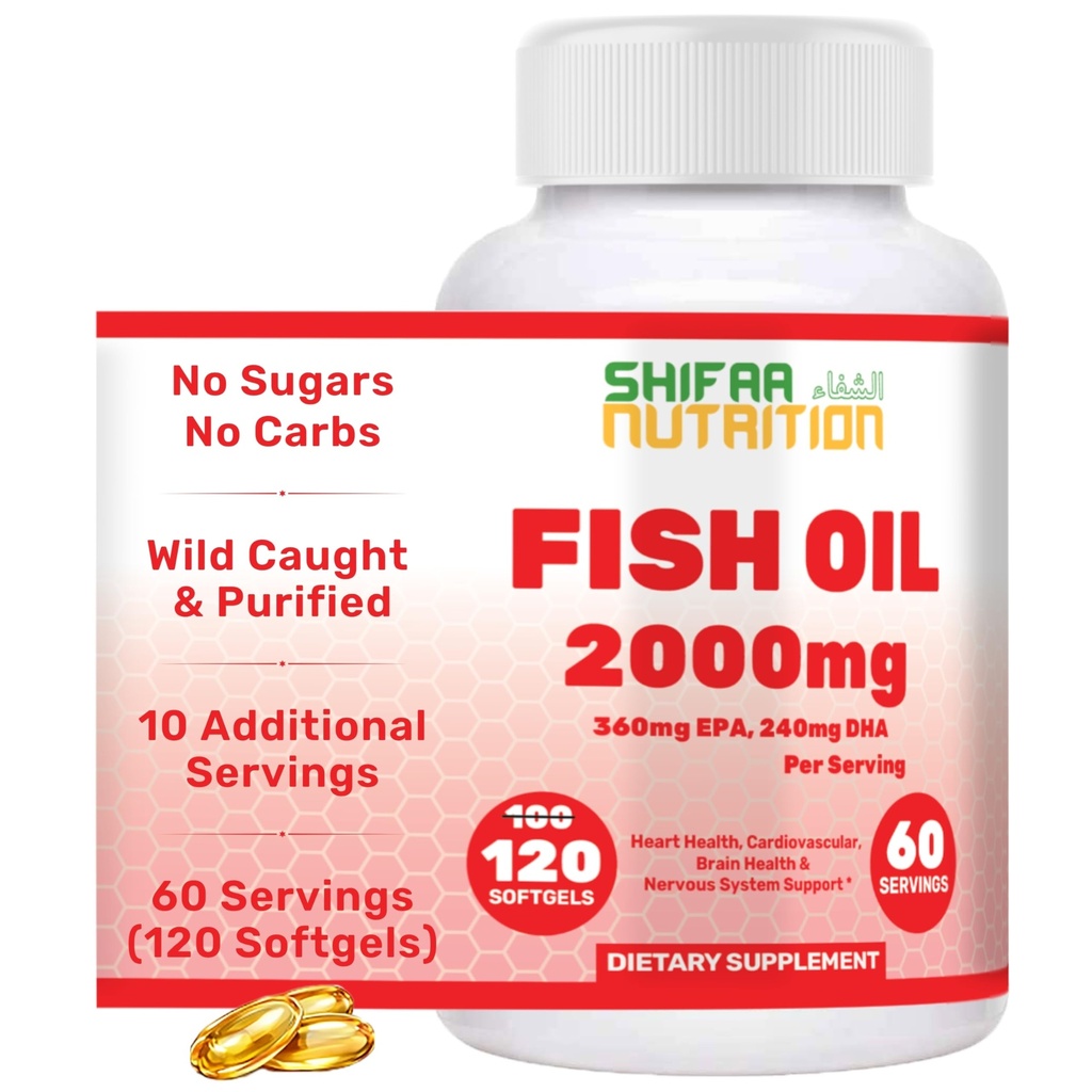 SHIFAA NUTRITION Halal Fish Oil 2000mg Softgels com 360mg EPA e 240mg DHA. 100 Wild Caught & Non-GMO Omega 3 Softgels para saúde do coração e cérebro. Arroto, Easy-to-Swallow Fish Oil Omega 3 Suplementos