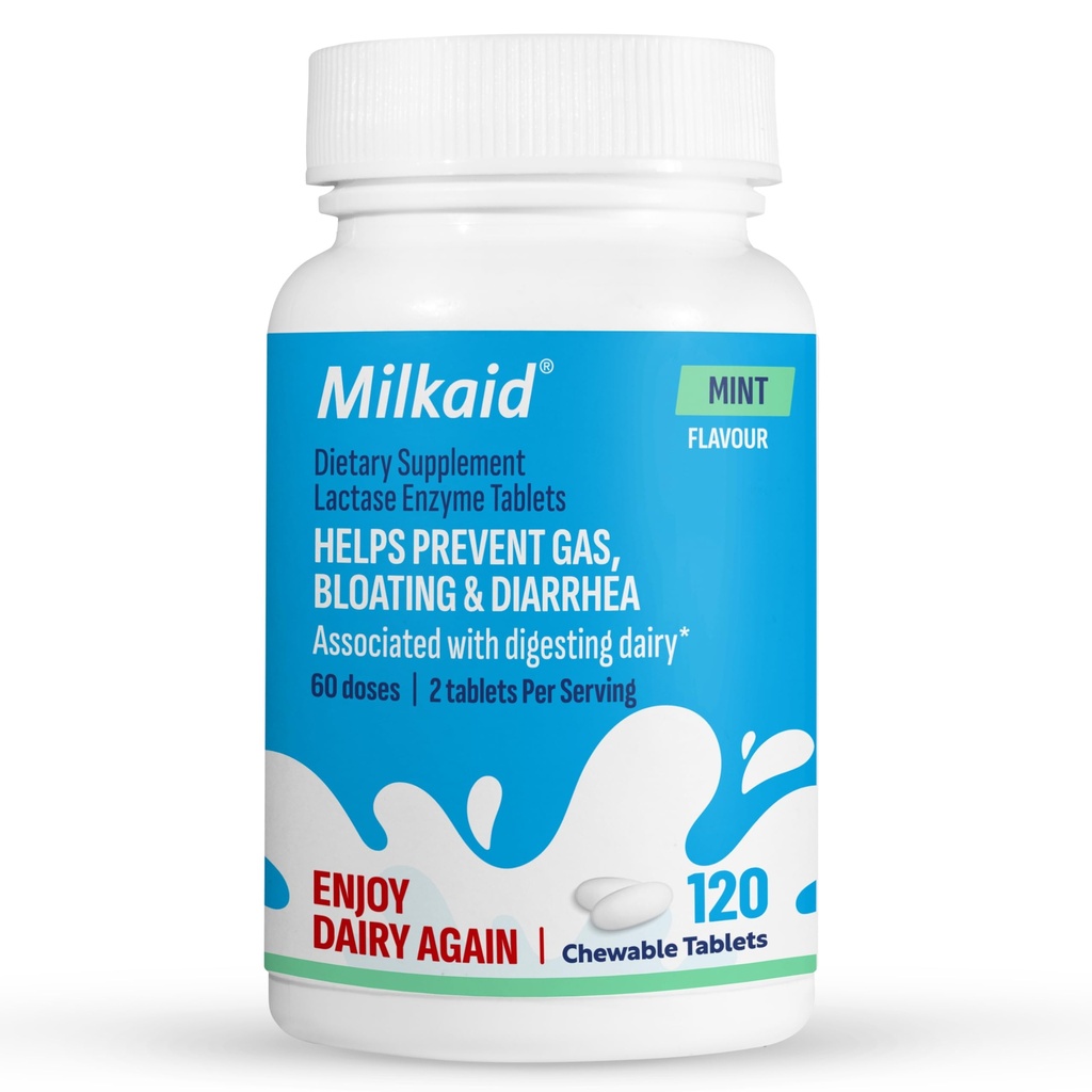 Milkaid Lactase Enzima Comprimidos mastigáveis para o alívio da intolerância à lactose; Previne gás, inchaço e diarréia; Suplemento digestivo de leite rápido (120 comprimidos, hortelã)