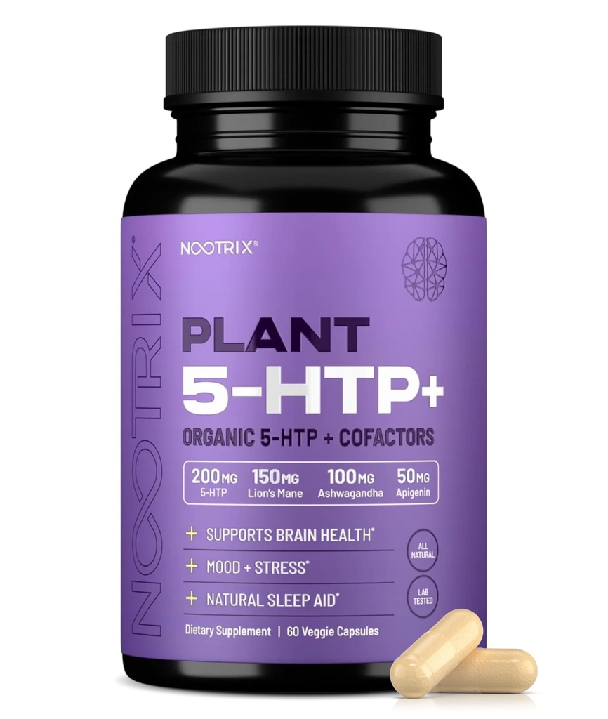 Planta orgânica Nootrix 5 HTP+ Suplementar □ Suporta Memória, Foco Mental, Saúde Cognitiva & Energia □ Promove Mood saudável & Função Cérebro □ Vitamina B6 & L Theanina 60 Cápsulas