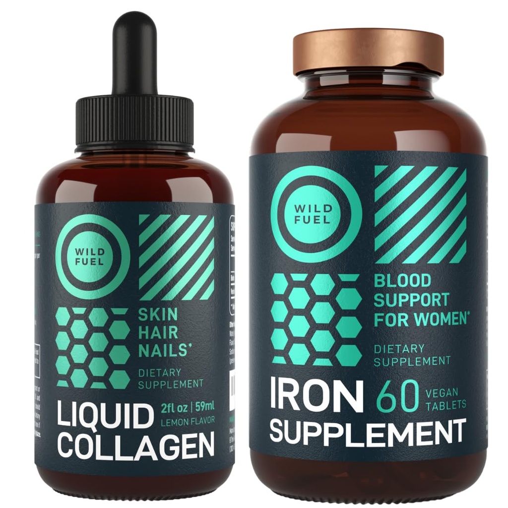 WILD FUEL Suplemento de Ferro para Mulheres com Ácido Fólico e Peptídeos de Colágeno Líquido com Biotina Saúde Feminina e Beauty Bundle