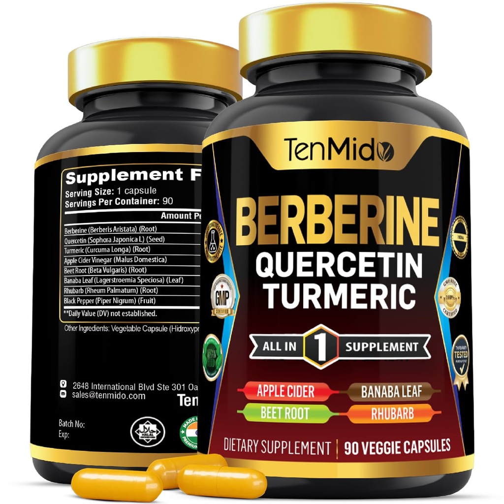 Berberine Suplemento para Homens e Mulheres, Fórmula 8in1 com Quercetin, Açafrão, Apple Cider Vinagre, Beterraba Raiz & Mais - Digestivo, Imune Suporte - Rico em Nutriente - 90 Cápsulas