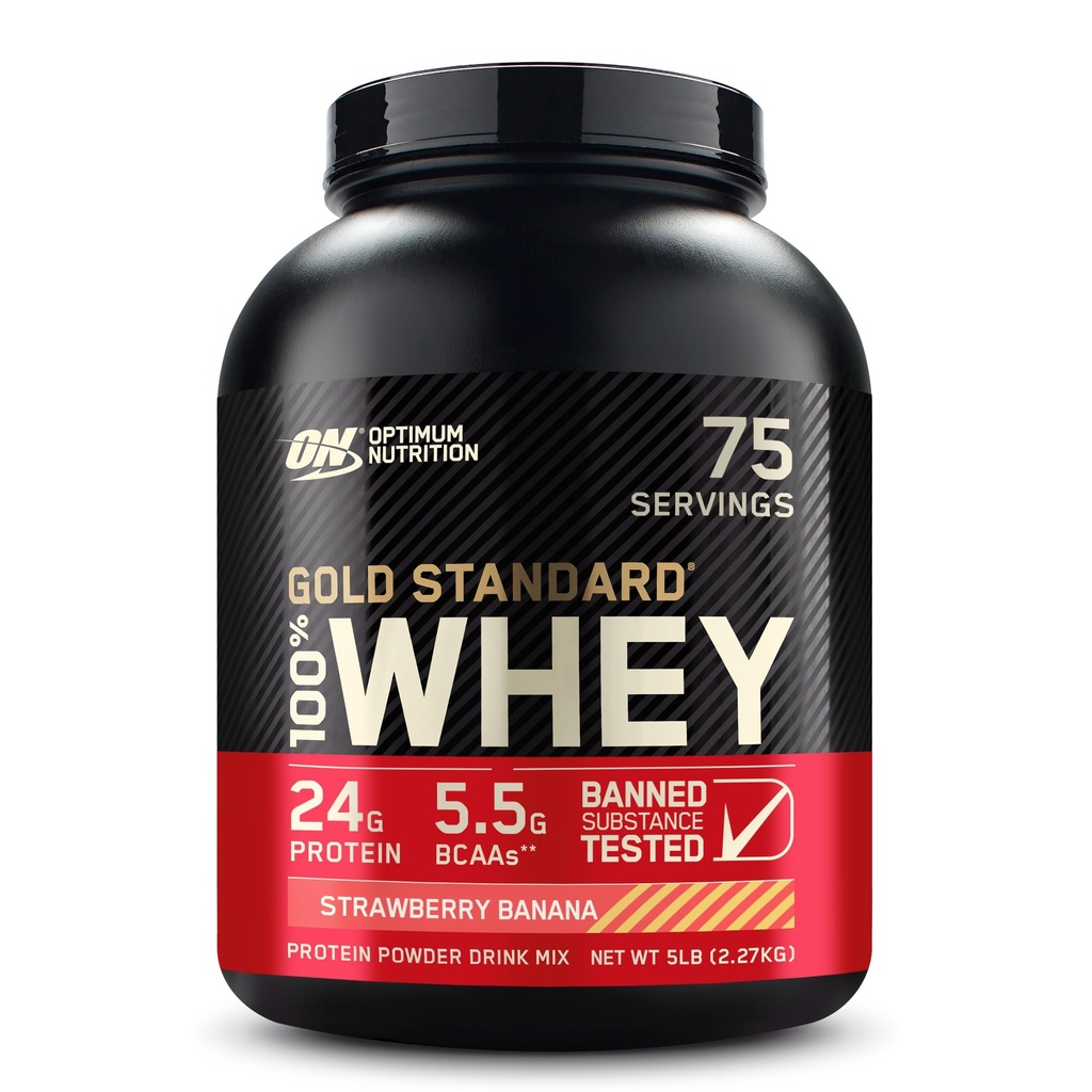 Optimum Nutrition Gold Standard 100% Whey Protein Powder, Strawberry Banana, 5 libras (Packaging May Vary)