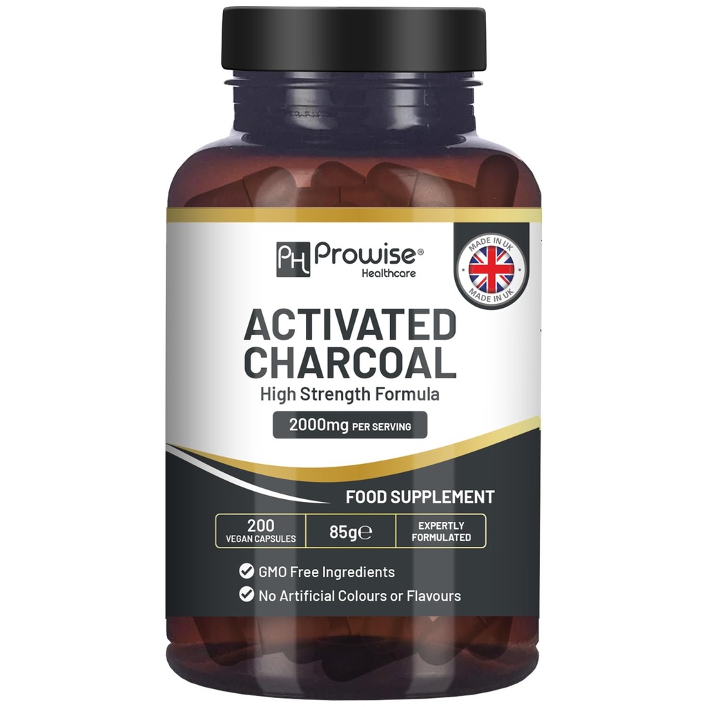 Cápsulas de carvão ativado - 200 Cápsulas Vegan de alta força- 2000mg por serviço I Made in the UK by Prowise Healthcare