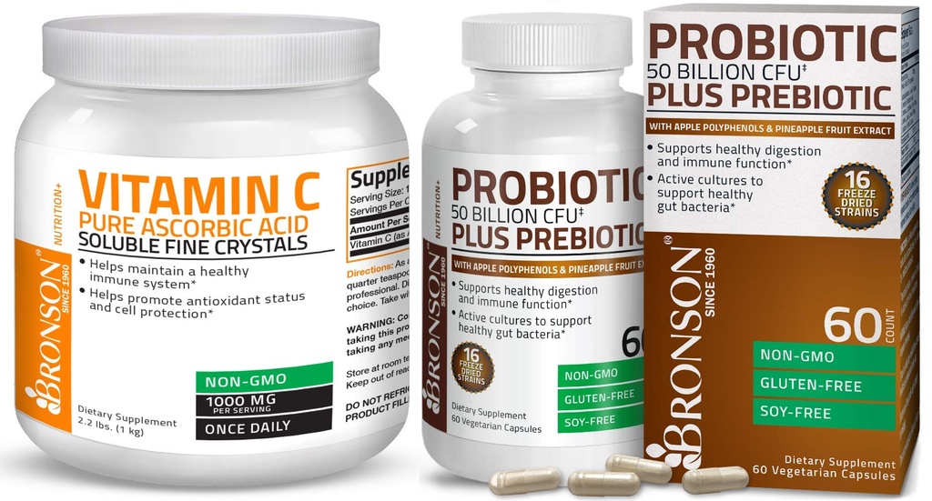 Bronson Probiótico 50 bilhões de UFC + Prebiótico com Apple Polifenóis e Abacaxi Extrair frutas Vitamina C Pó Ácido Ascórbico Puro Solúvel Cristais finos não OGM
