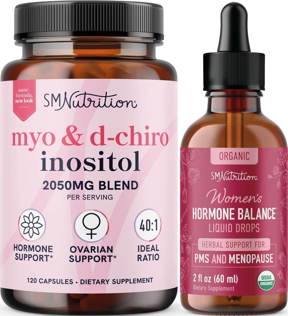 SMNutrition Herbal Hormone equilíbrio tintura & Myo-Inositol & D-Chiro Inositol     . Grupo de equilíbrio Hormone com 40:1 (30 Servões) e suporte do ciclo líquido para as mulheres (60 Servings)