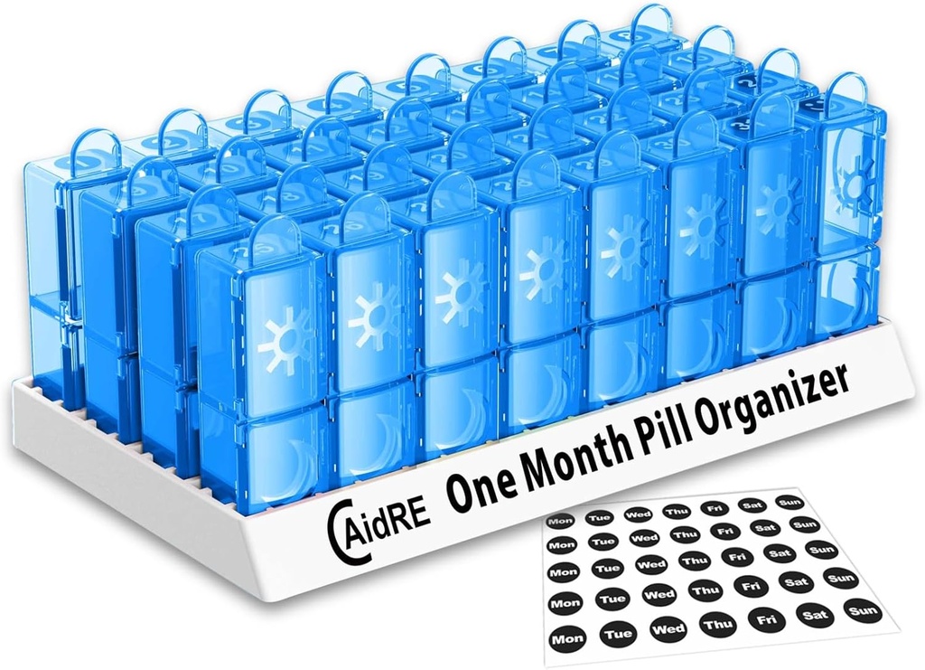 31 Dia Organizador de pílulas AM / PM – Caixa mensal de pílulas para medicamentos, vitaminas e suplementos – Um mês 2 vezes por dia caso de pílulas, 4 semana Organizador diário de pílulas, Azul