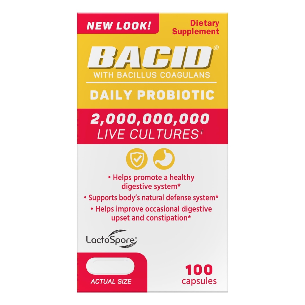 Ácido Probiótico diário com Bacillus Coagulans, Suplemento dietético para a saúde digestiva, 100 Cápsulas
