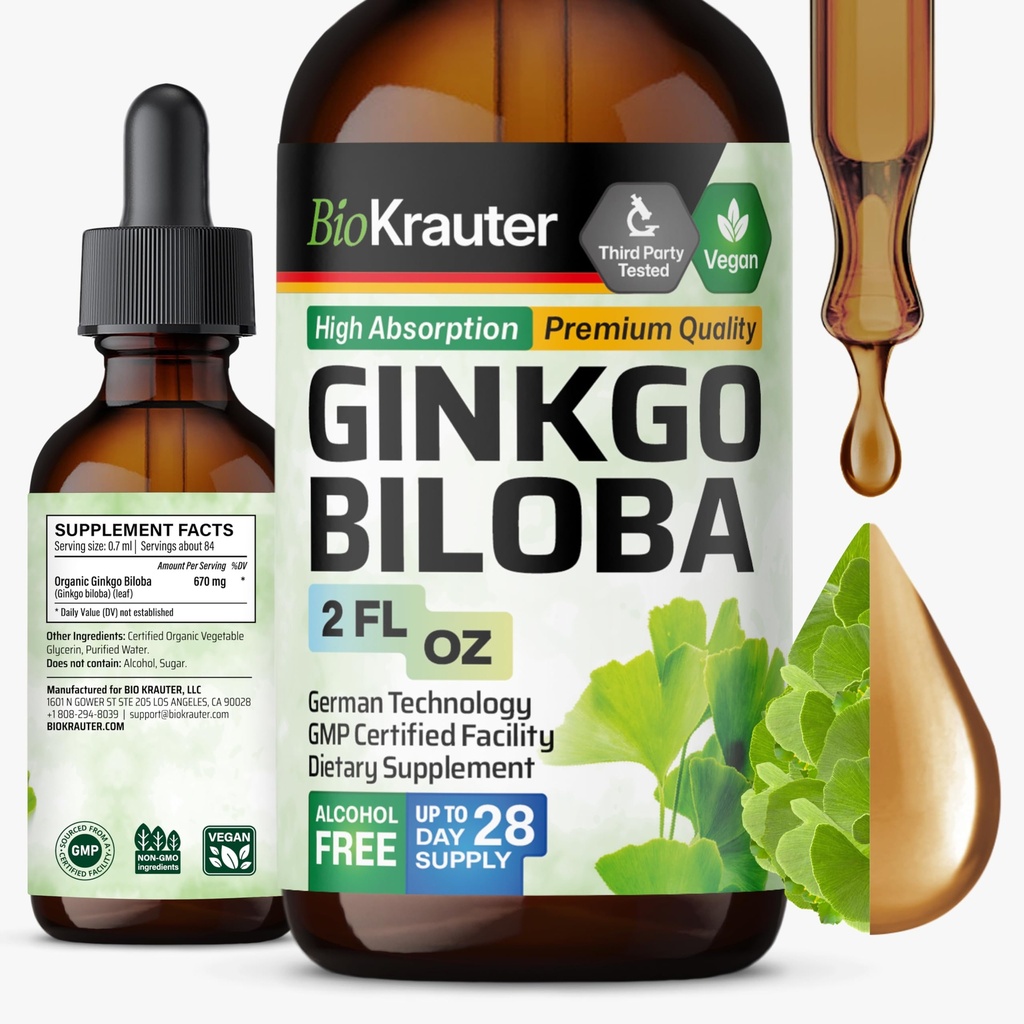 BIO KRAUTER Ginkgo Biloba Extract - Liquid Ginkgo Biloba Suplementos para Cérebro - Vegan, Álcool e Açúcar Grátis - 2 Fl Oz