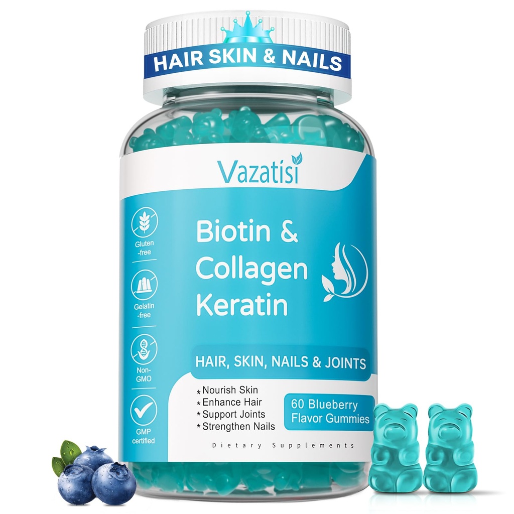 Gummies de biotina com colagénio e queratina para unhas de pele de cabelo- Suporta o crescimento do cabelo e unhas mais fortes, Mulheres homens, crianças - 60 chicletes de amora