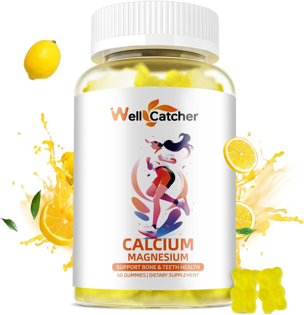 Cálcio Magnésio Gummies Adultos Crianças - Açúcar gratuito mastigado Vegan Algas Suplementos de cálcio para mulheres homens apoio mais força óssea com zinco potássio vitamina D3 K2 limão sabor 60CT