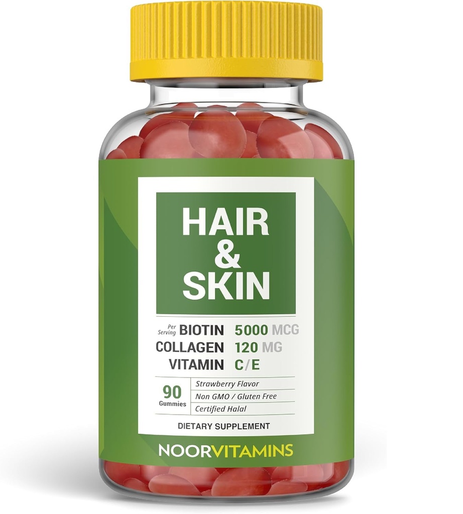 Vitaminas Noor Halal Hair Vitaminas Biotina, Colágeno, Sílica, Vitamina C & E Suporta cabelo, pele e unhas Saúde; Vitaminas naturais de morango Gummy. GMO, Glúten Livre & Vitamina Halal Certified (90 Count)