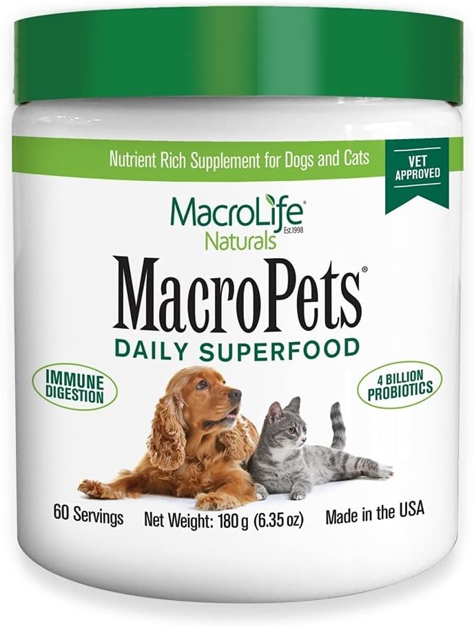 MacroLife Naturals MacroPets Verdes Superalimento Suplemento Powder Topper para Cão Gato Pequeno Mamífero, Nutrição Natural Aumentar Probióticos Enzimas Digestivas Vitamina E - Imune Gut Saúde & Energia - 6.35oz