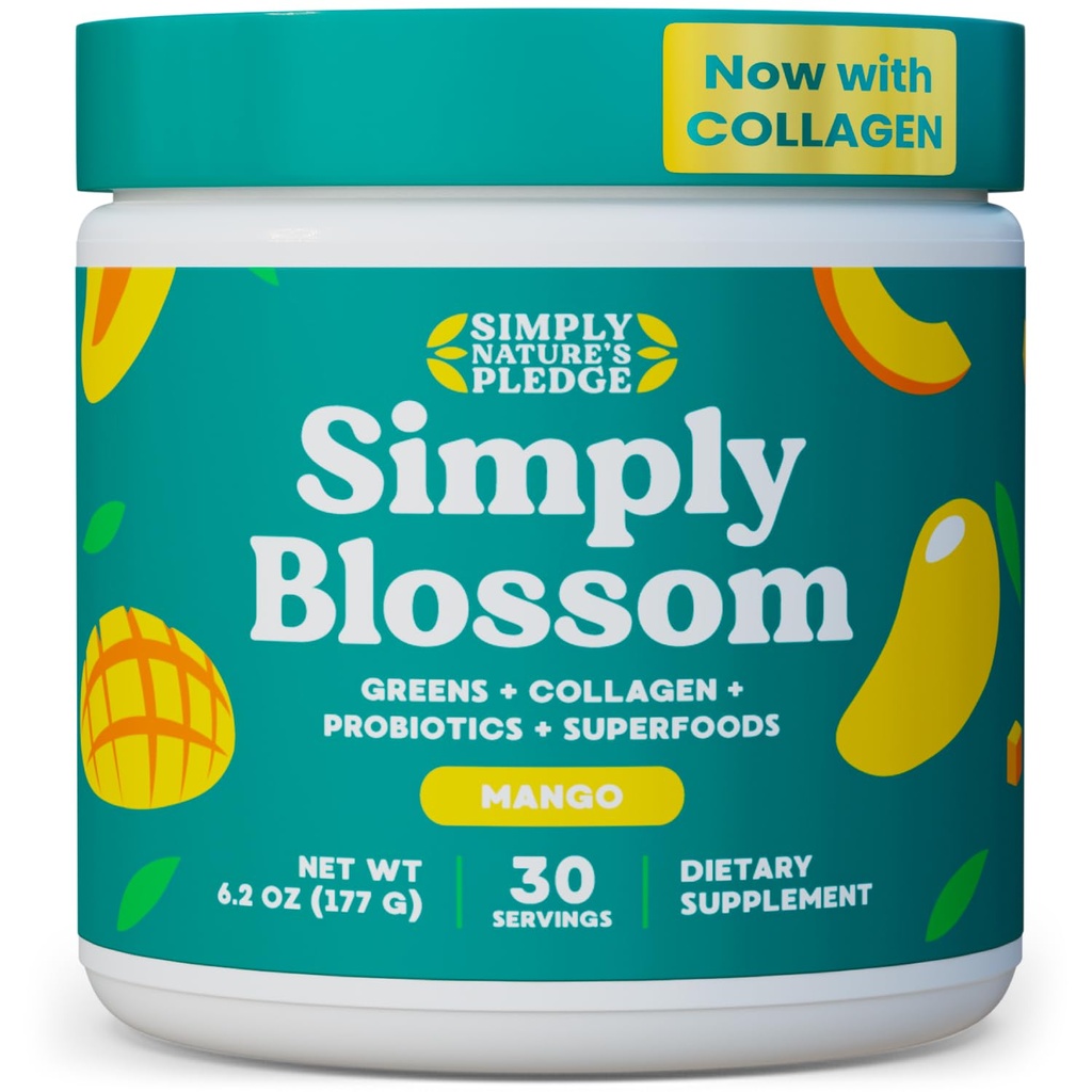 Simplesmente Blossom Nutrition Daily Greens & Superfood Powder + Colágeno + Probióticos para a Saúde Digestiva da Mulher & Bloating Alief. Ajude sua saúde Bloom - 30 dias de abastecimento - manga