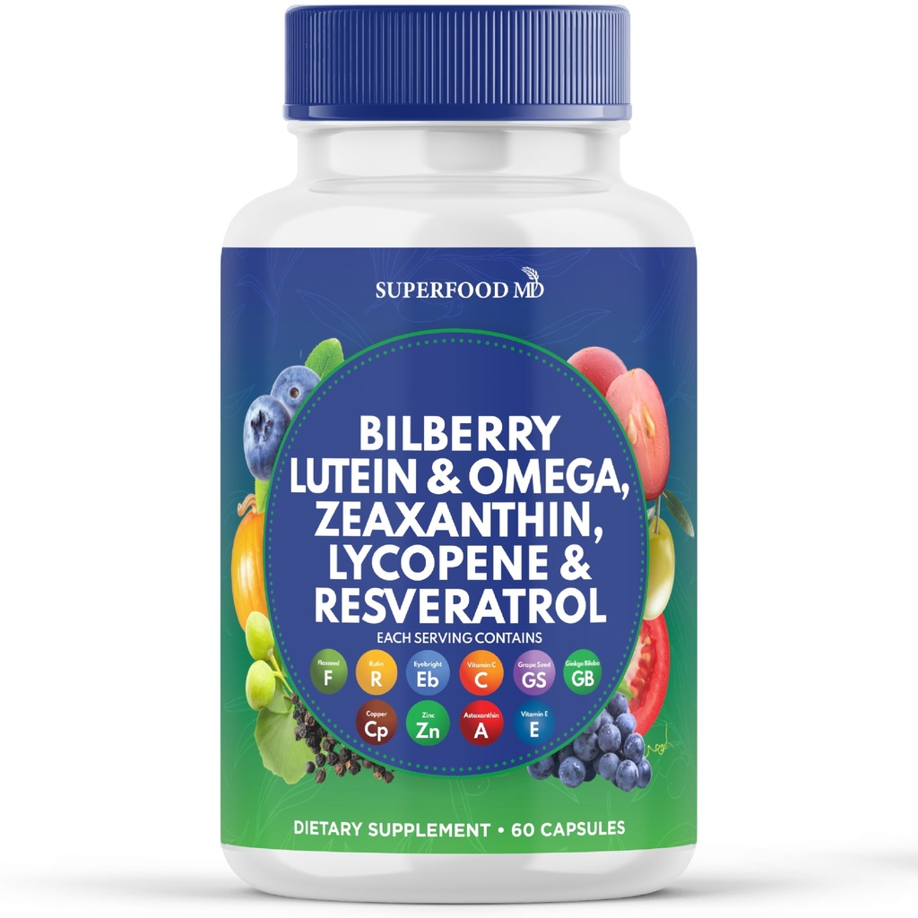 Superalimento MD Saúde dos olhos Vitaminas com Bilberry Lutein & Zeaxantina Lycopeno Resveratrol Sementes Extrato Astaxantina- AREDS 2 - Vitamina dos olhos - 60 Cápsulas