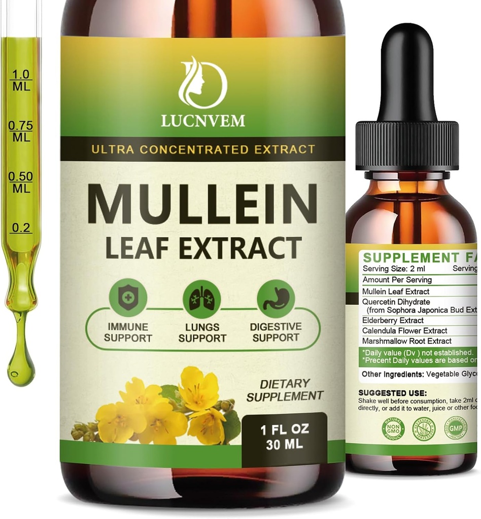 (2 Pack) 98% Absorção Mullein gotas para os pulmões, poderoso 5 em 1 Mullein Folha mistura de ervas extrato, pulmões naturais suporte suplemento para os pulmões limpar e detox e respiratória Pulmão saúde