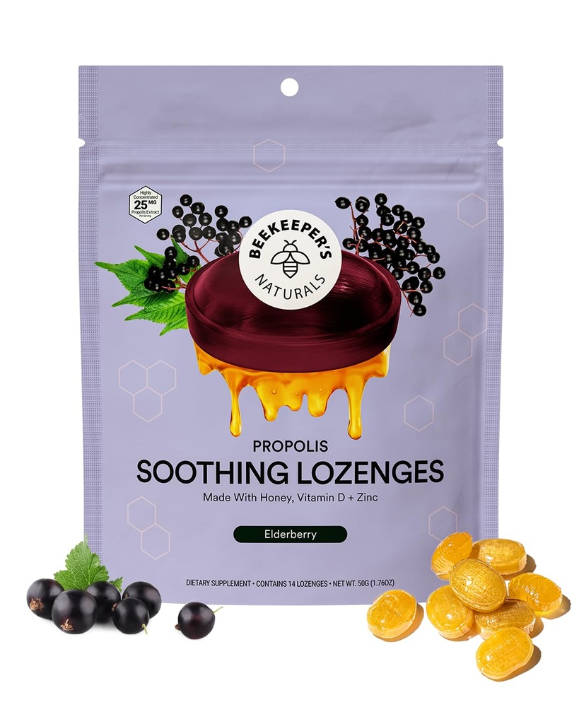 Naturals Apicultor calmante mel Elderberry Tosse gotas Apoio imunológico com vitamina D, zinco e própolis Garganta calmante Lozenges, 14 Ct