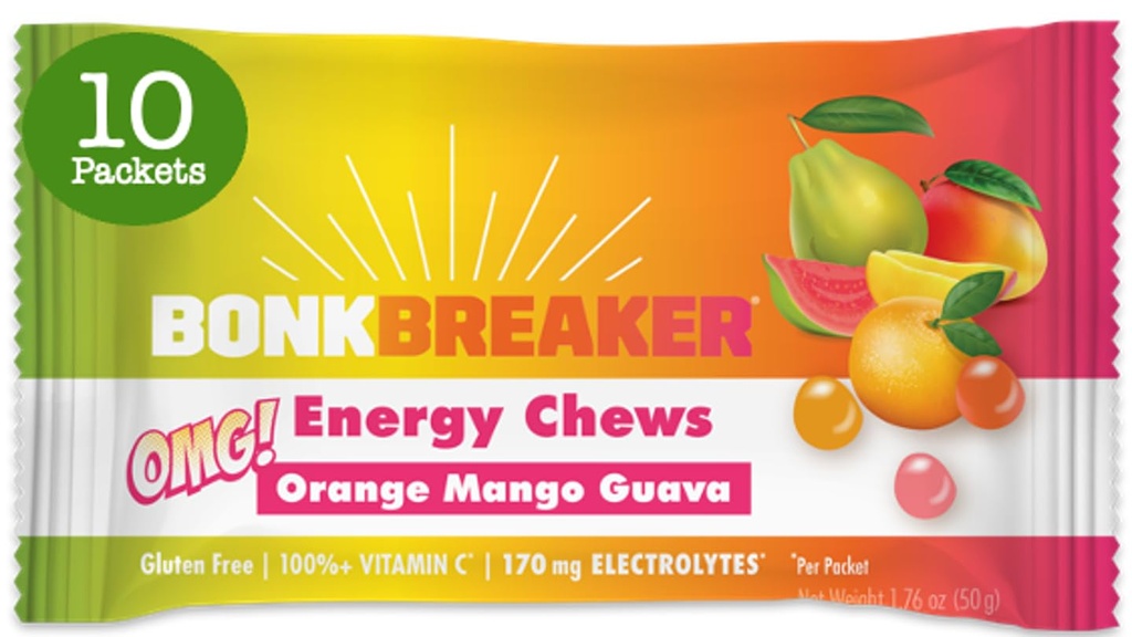 Bonk Breaker mastiga energia com eletrólitos, manga de laranja Guava, fácil de mastigar chicletes de energia, 10 Pack