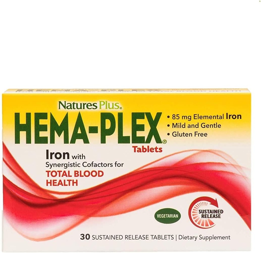 NaturesPlus Hema-Plex Iron - 30 comprimidos de liberação lenta, pacote de 3 - Saúde total do sangue - 85 mg Quelated Iron - Com vitamina C & Bioflavonóides - Não OGM, Vegetariano e Gluten Free - 90 Total Servings