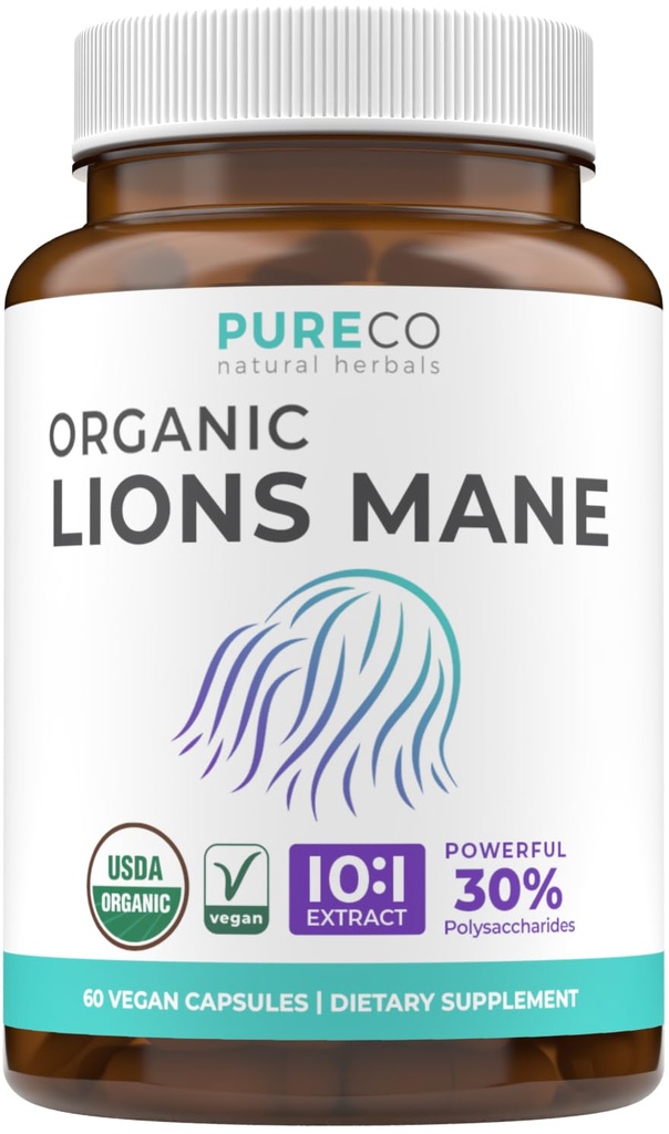 Cápsulas Orgânicas Lions Mane Supplement - USDA Organic Mushroom Supplement Cápsulas com 1000mg Mane 10:1 Extrato por Serviço com 30% de polissacarídeos - Vegan & Non-GMO (1 mês de fornecimento)
