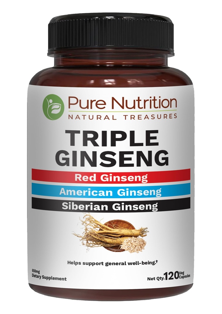Pure Nutrition Triplo Ginseng 650mg . 120 Caps . Complexo para homens e mulheres . Altamente eficaz Combinação de Ginseng vermelho, americano e siberiano. Não OGM