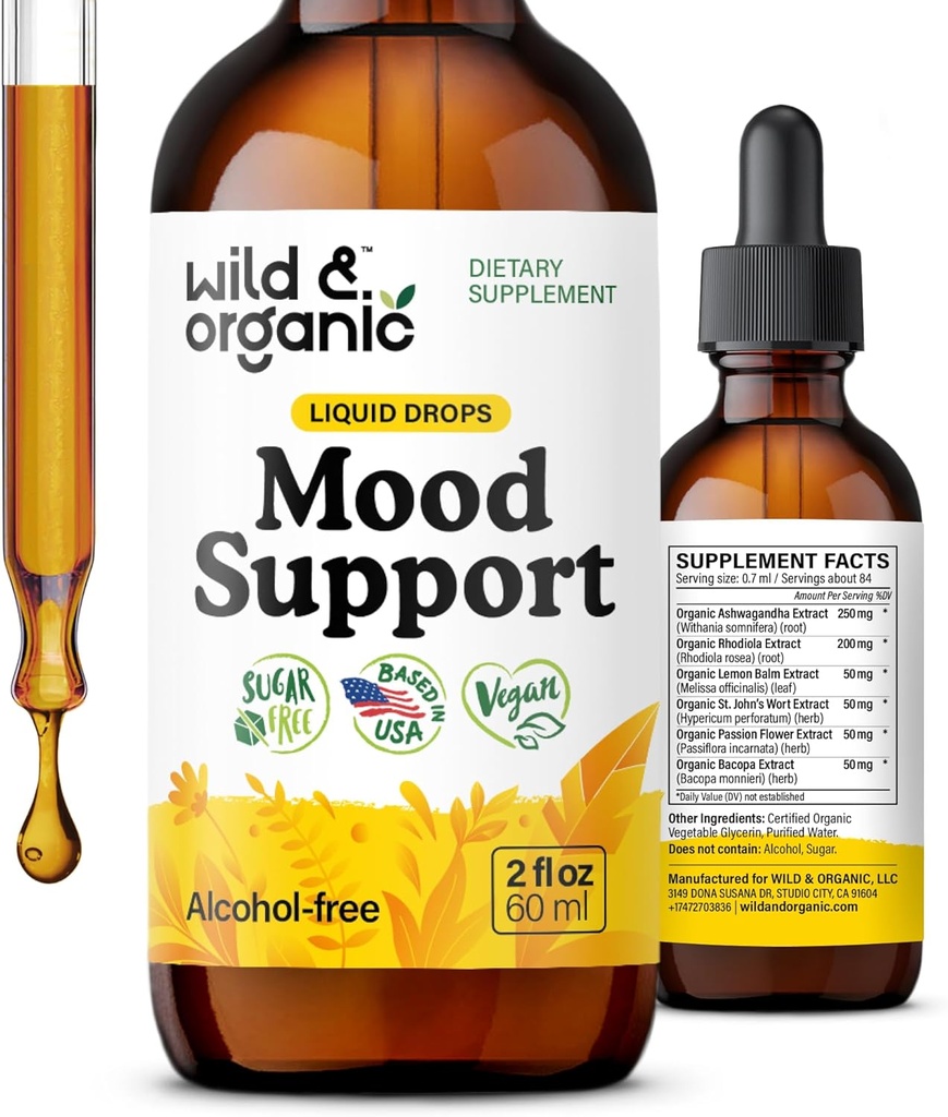 Wild & Organic Mood Support Drops - Good Mood Supplements w/Ashwagandha Root & Rhodiola Rosea - Natural Liquid Drops for Positive Energy - Calm and Relax Supplements for Women and Men - 2 onças