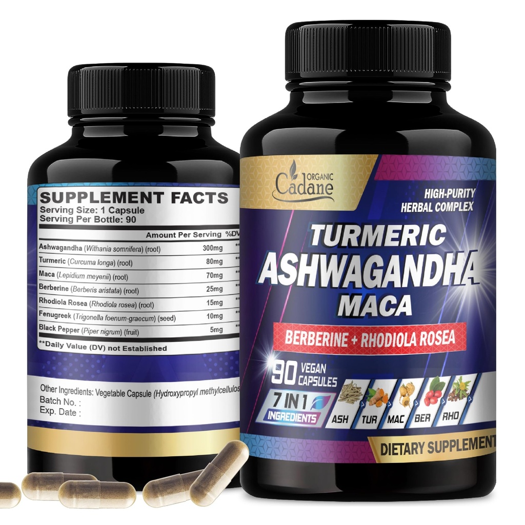Organic Cadane Ashwagandha Supplements - Memória, Sistema imunológico e suporte de força - 7in1 Concentrado com açafrão, Maca Root, Berberine & More - 90 Cápsulas Vegan para suprimentos de 3 meses