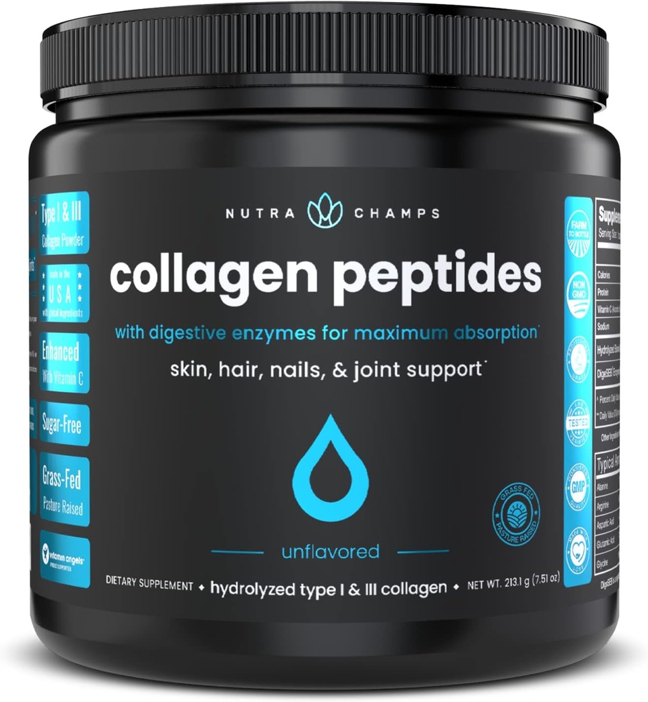 Pó de peptídeos de colágeno - Absorção melhorada, dupla hidrolisada, Feed grama, Keto Protein Powder com vitamina C - Suplemento Premium para o crescimento do cabelo, pele, unhas, articulações e ossos, sem sabor