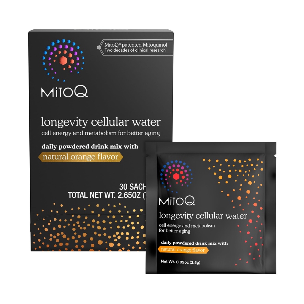 MitoQ Longevidade Água celular diária em pó Mistura sabor laranja natural - Mitocondria-alvo Antioxidante - Energia celular e metabolismo para melhor envelhecimento ( Larange, 30 pacotes)