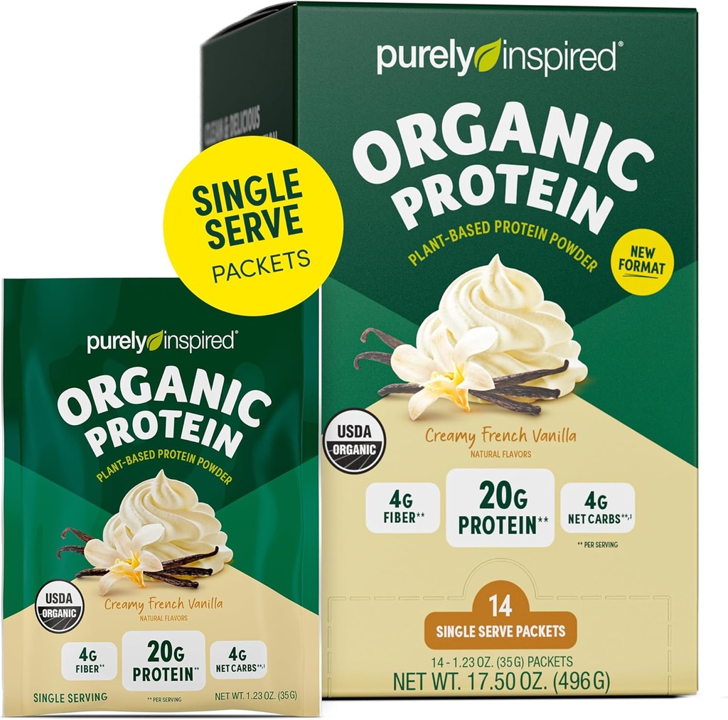 Puramente inspirado proteína orgânica em pó, 14 pacotes de serviço único, baunilha cremosa - 20g de pó de proteína baseada em plantas para smoothies & Shakes - Dairy-free, Non-GMO - para homens e mulheres