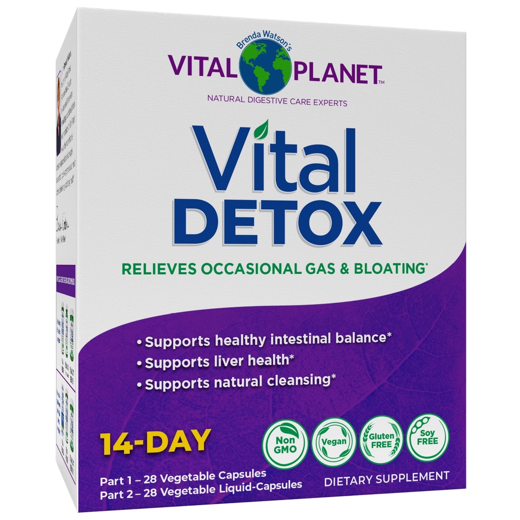 Planeta Vital - Detox Vital com Cardo de Leite, Quercetina, Ácido Alfa Lipóico, Colina e Ervas, para Gás Ocasional e Bloating, Suporta Equilíbrio Intestinal Saudável, Kit 2-Parte 14 Dia, 56 Cápsulas