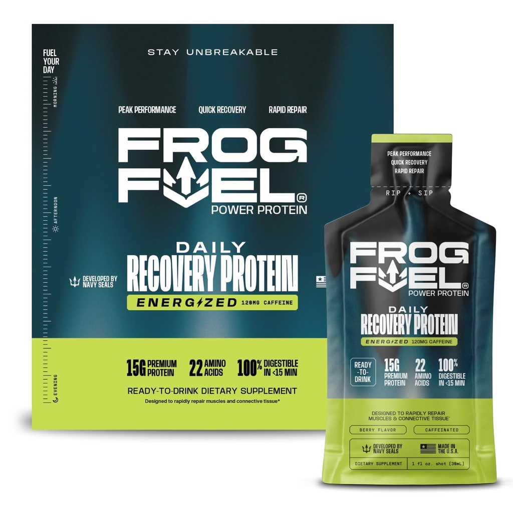 Combustível de rã Energia Energetizado Protein Shot, 15g Protein Nano-Hydrolyzed Grass Fed Colágeno, 120mg Cafeína, Gordura e Açúcar Livre, 22 Aminoácidos, 0 Carbãs, Berry, 1 oz Packets, 24 Pack