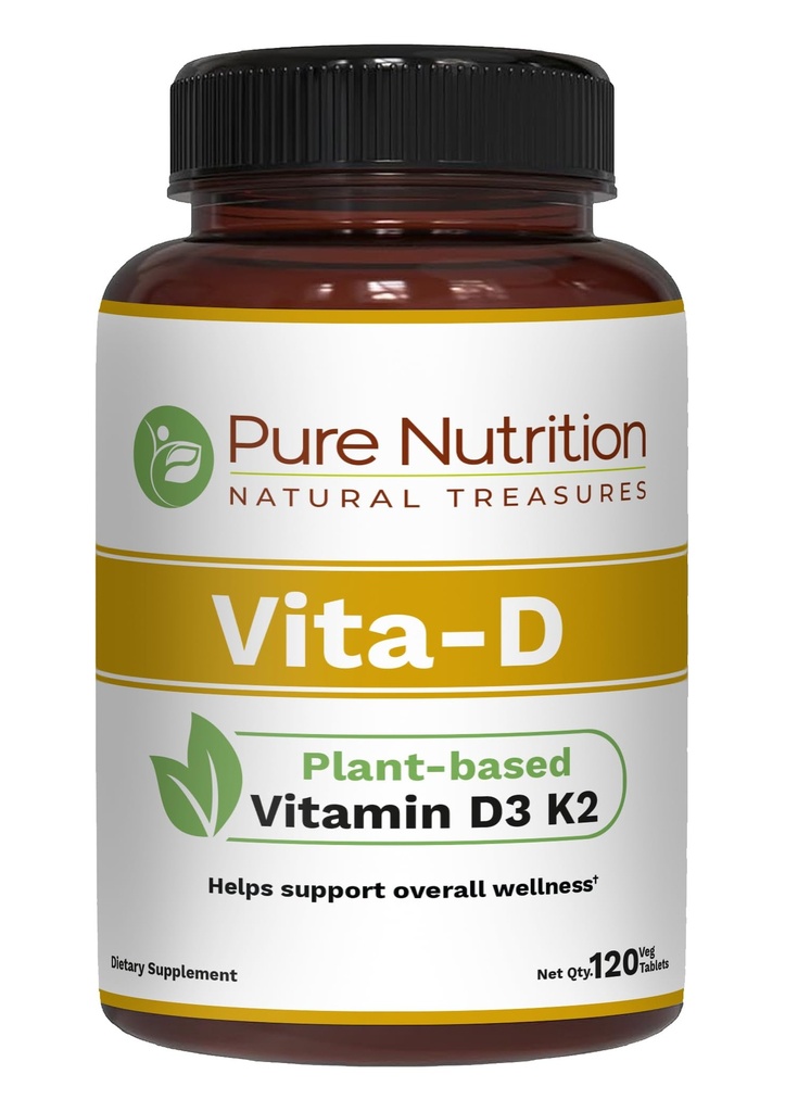 Pure Nutrition Vita D3 K2 - Suplemento de vitamina D3 K2 à base de plantas . 120 Tabs . Vitamina D3 6000 UI . Vitamina K2 como MK7 100mcg . Vitamina K2 D3 .