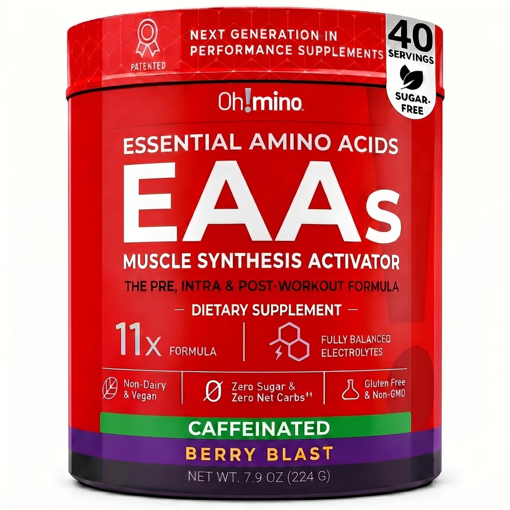 Oh!mino Essential Aminoácidos Suplemento. Berry Blast, pó cafeínado. Todos os 9 EAAs, BCAAs e o Amino perfeito para treinos, Energia Amino, e para construir músculo, e recuperar mais rápido.