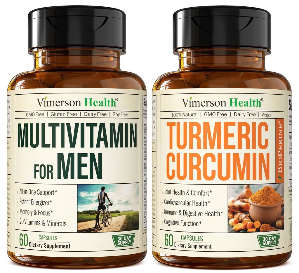 Vimerson Saúde Multivitamínico + Curcumina Turmérica com pacote de extrato de pimenta preta. Suporte Conjunto e Imune, alívio do desconforto, propriedades antioxidantes para ele