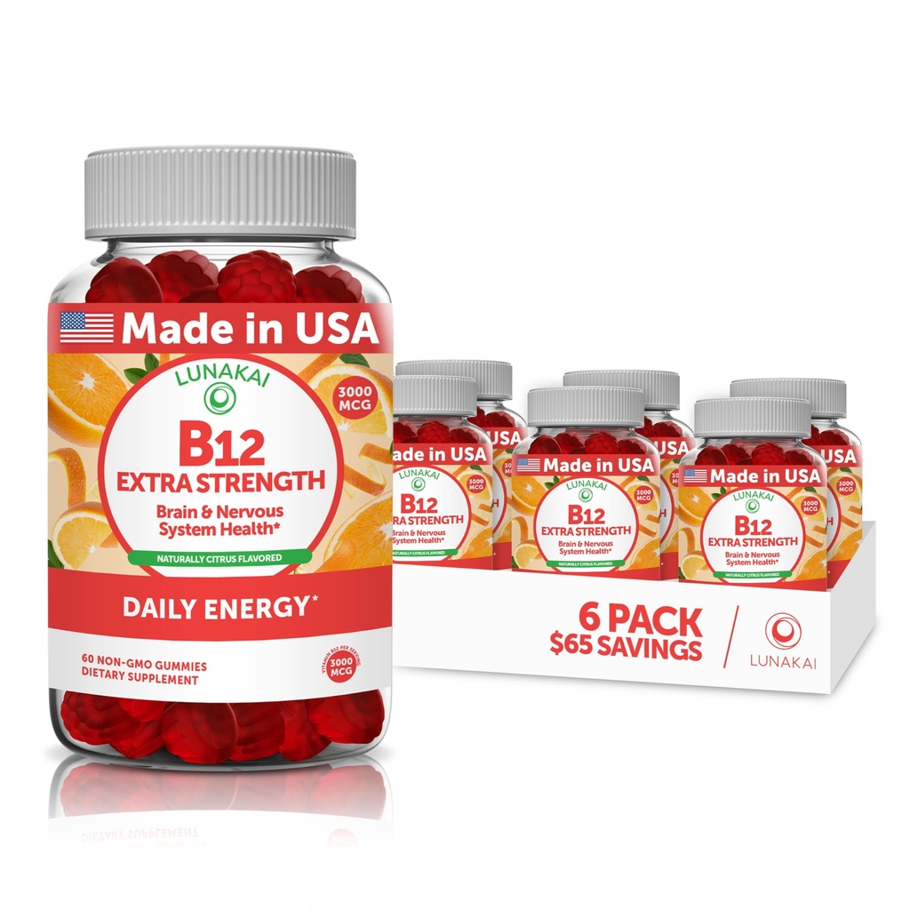Vitamina B12 chicletes para adultos - Mais saborosa Fórmula proprietária - 3000mcg Metil B-12 pastilhas de alta absorção de energia - Vit não-GMO Vegan B12 - Mastigable B 12 para suporte energético e saúde óssea - 6 Pack