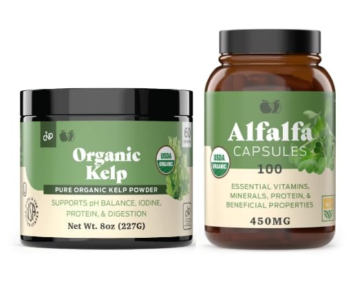 Pó de Kelp orgânico 8 onças e Puro Folha de Alfalfa 100 Cápsulas