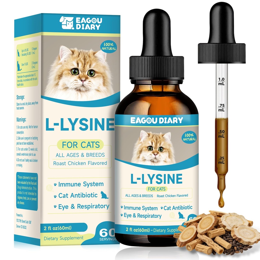 L-Lysine para gatos,Lysine Drops Suplemento de suporte imunológico,Sneezing, Frio,Alergia Alívio,Runny Nariz,Respiração Felina, Antibióticos naturais para gatos com colostro,Taurine (Flavor de frango assado/2floz)