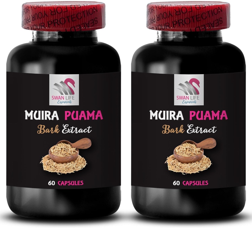 Fonte de energia natural - Muira PUAMA BARK Extract - Lifestyle Support, Fonte de energia botânica, Força Baseada em Plantas, Elevador de resistência, Reequilíbrio Energético, Foco Diurno 2 Garrafas 120 Cápsulas