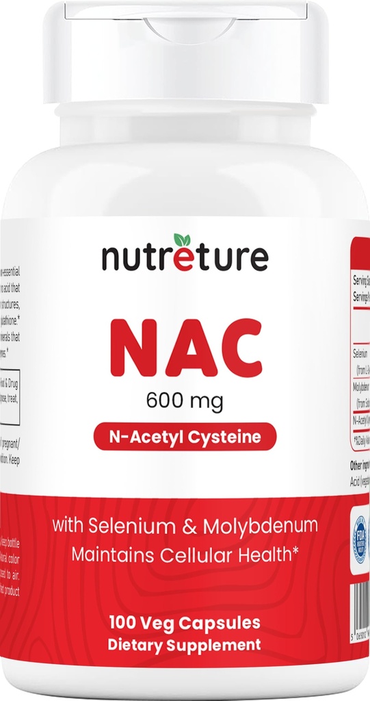 Suplemento NAC N-Acetil Cysteine Suplemento Fígado com Selênio e Molibdênio para Saúde do Fígado □ N-Acetil Cysteine 600 mg 100 Cápsulas