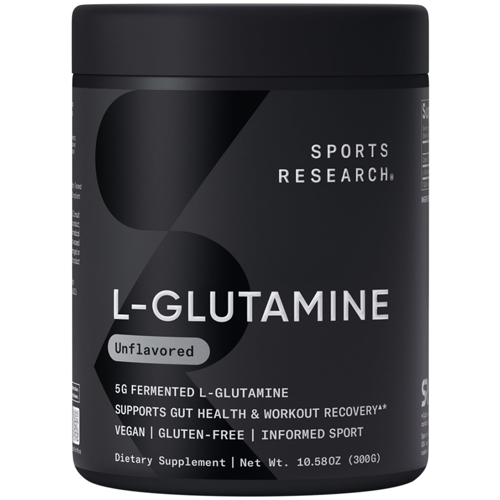 Sports Research® L-Glutamina - Recuperação de exercícios, Saúde Imune & Gut Saúde Suporte - 5 G por serviço - 10,58 Oz